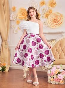 SHEIN Conjunto de top de punto con tirantes acanalados y falda jacquard floral elegante para niñas preadolescentes, perfecto para primavera/verano, vacaciones, verano y viajes - Rosa - Ver 1