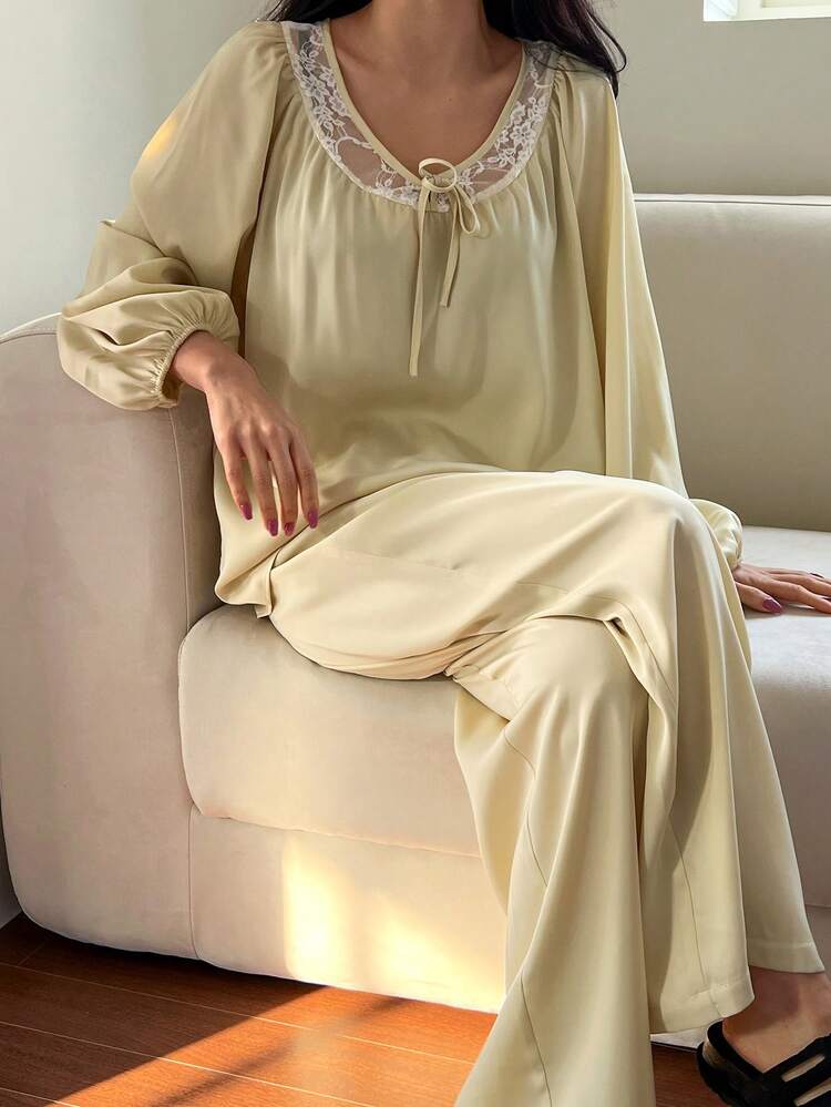 Lightweight Satin & Lace Patchwork Lantern Sleeve Ladies Pajama Set