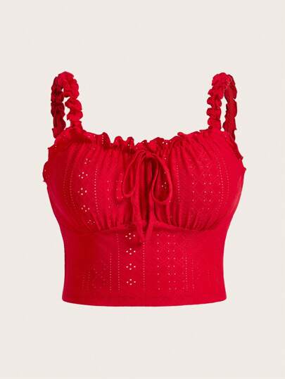 GalTyme 大码浪漫红色透明荷叶边吊带背心，时尚百搭情人节