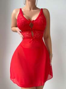 2 Stück/Set Damen einfarbige Spitze mit Schleife sexy Nachthemd Nachtwäsche rotes Kleid - Rot - Übersicht 5