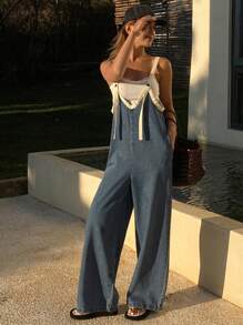 Livesso 女式撞色休闲宽松牛仔背带裤工装裤秋冬款 - 中等水洗藍 - 查看 5