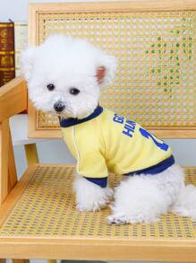 PETSIN 1 chiếc áo thun cổ tròn dệt kim đa năng cho chó/mèo màu vàng có in chữ và số, phong cách thường ngày/thể thao - Màu vàng - Xem 5