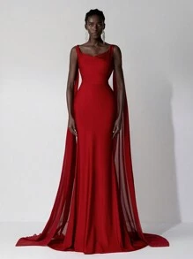 SHEIN Belle 优雅的勃艮第色垂坠领露背扭纹拼接雪纺长裙，带荷叶边拖尾，可作为晚礼服、派对礼服、婚礼宾客礼服、正式礼服 - 酒紅色 - 查看 2