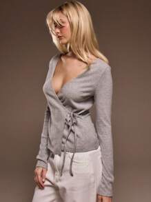 MUSERA Rib Knit Wrap Crossover Ballerina Bow Tie Side Top For Cute Romantic Sunday Best Airport Holiday Fall Back To School Autumn Fall Winter Spring Summer - Light Grey - View 2