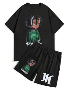 SHEIN Tween Boys Casual All-Match Versatile American Boy Portrait Graphic Loose Fit Round Neck T-Shirt + Sports Shorts Black 2 Pieces Set