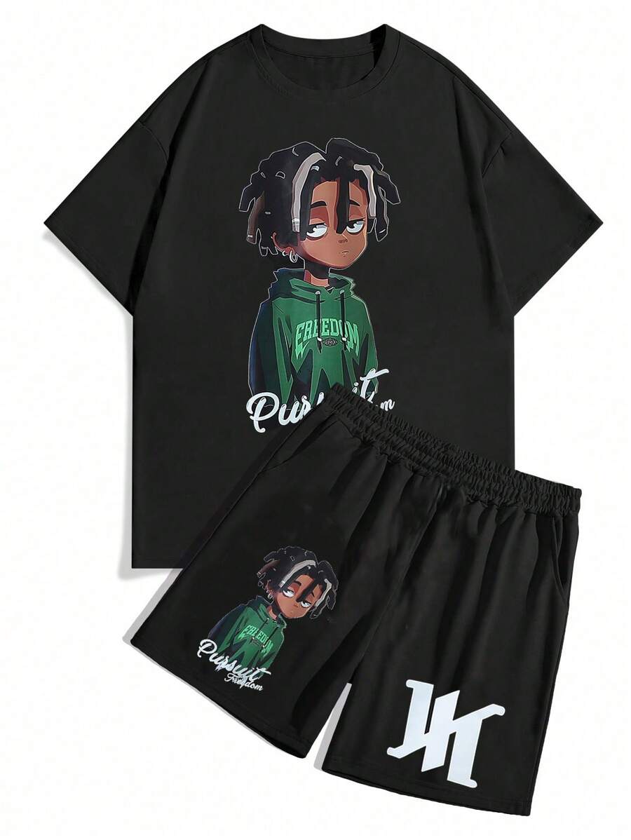 SHEIN Tween Boys Casual All-Match Versatile American Boy Portrait Graphic Loose Fit Round Neck T-Shirt + Sports Shorts Black 2 Pieces Set