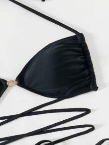 SHEIN Swim Springbreak 性感金属装饰抽绳系带前上衣和高腰短裤两件套泳衣套装，夏季