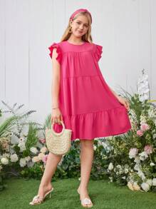 SHEIN Teen Girl Casual Solid Color Cap Sleeve Mini Dress