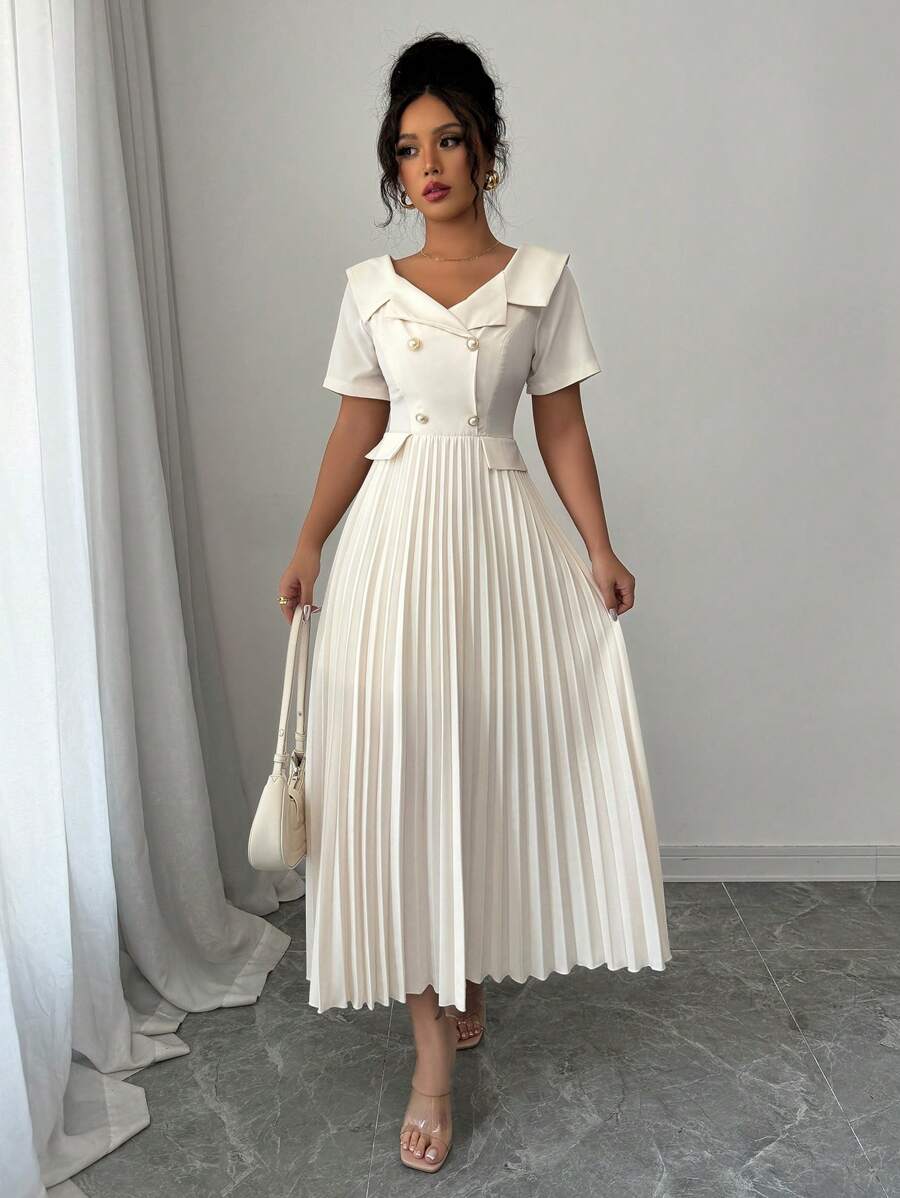 Elenzga 女士优雅通勤短袖领口荷叶边下摆口袋装饰纯色连衣裙