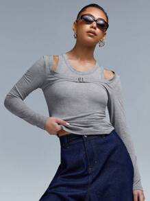 Athîral 1pc Women's Solid Color Long Sleeve Simple Casual T-Shirt For Everyday Wear