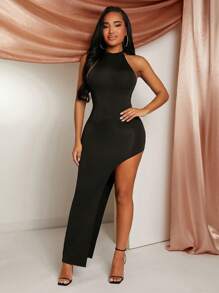 SHEIN SXY Spring/Summer Valentine's Day Wedding Season Guests Wear A Black High-Stretch Knit Halter Sleeveless, High Slit, Large Halter With Chain Decoration Long Slim-Fit Dress