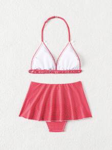 Tween Girls' Cute Plaid Bow Decor Holiday Bikini Set
