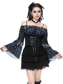 ROMWE Goth 女式太阳、月亮和花卉印花抽绳腰喇叭袖衬衫 - 彩色 - 查看 1