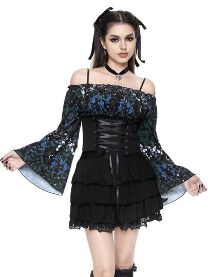 Goth Blouse évasée à manches évasées avec taille cordonnable imprimée de soleil, de lune et de fleurs pour femmes