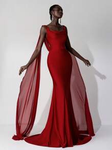 SHEIN Belle 优雅的勃艮第色垂坠领露背扭纹拼接雪纺长裙，带荷叶边拖尾，可作为晚礼服、派对礼服、婚礼宾客礼服、正式礼服 - 酒紅色 - 查看 6