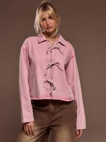 MUSERA Boxy Fit Collared Tie Bow Detail Long Sleeve Washed Denim Jacket Spring Street Style Cute Spring 90's