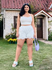 SHEIN EZwear Plus Size White Lace Embroidery Casual Vacation Shorts - White - View 5