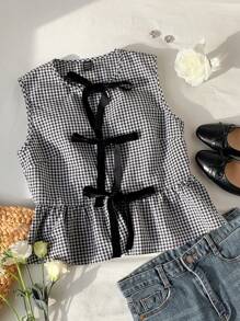 Comfortcana Camisa sin mangas a cuadros blanca y negra con botones para mujer