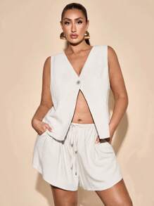 SHEIN BAE Conjunto de dos piezas de chaleco de lino y pantalones cortos de pierna ancha talla grande para mujer, atuendos de primavera para mujer, atuendos de verano/verano para mujer, atuendos de festival/concierto para mujer/atuendos de rave, atuendos de vacaciones de primavera, vestidos de Pascua para mujer, atuendos de concierto para mujer, combinación elegante, atuendos para salir, talla grande de verano
