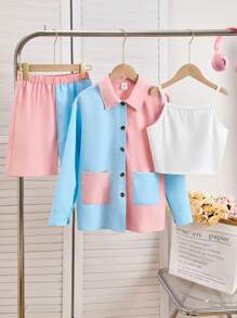 SHEIN Conjunto de 3 piezas de camisa informal y de moda para niñas con diseño de patchwork multicolor - Multicolor - Ver 1