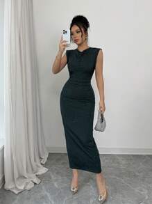 Elenzga Elegant Sexy Women's Shiny Ruched Bodycon Dress - Dark Green - View 5