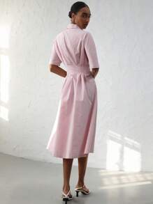 Aveloria Modichic Vintage Red & White Striped Long Dress With Loose Sleeves, Waist Ruched Pleats, Turndown Collar, Dress For Women