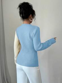 Elenzga 女士情人节心形图案长袖休闲毛衣针织套头衫秋冬 - 藍色 - 查看 2