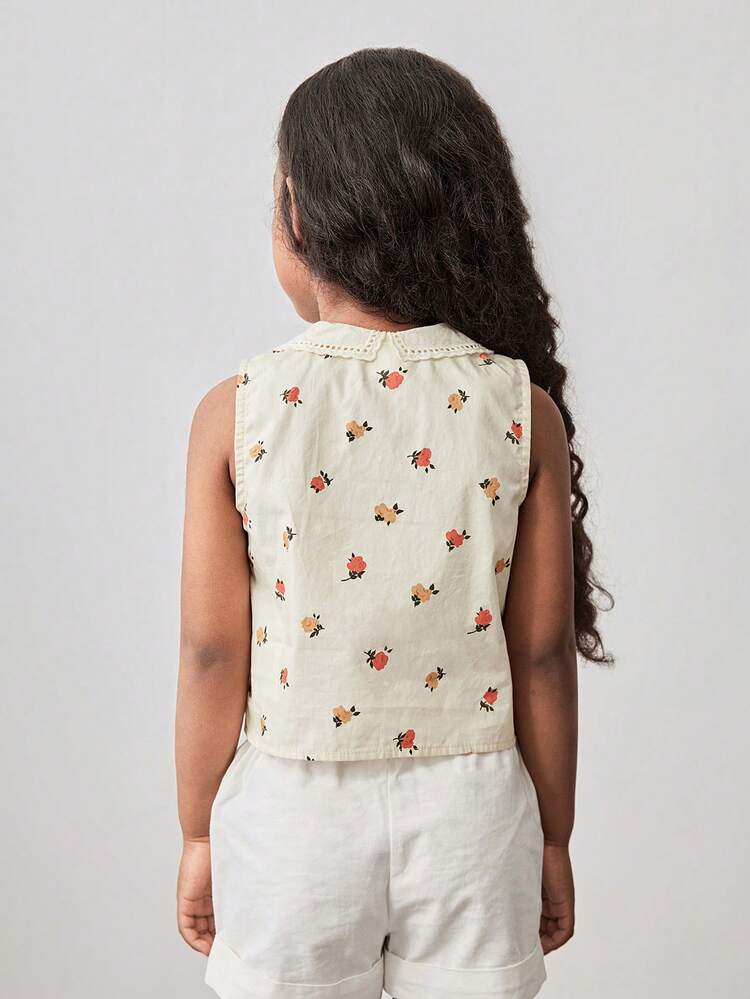 Spring/Summer Young Girl Vintage Ditsy Floral Embroidery Decoration Loose Casual Cute Collared Bow Button Sleeveless Top For Outing, Home, School Return, Vacation