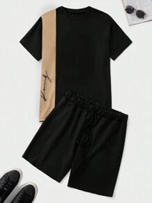 RueChic Men's Solid Color Patchwork Crew Neck Short Sleeve Top & Shorts Casual Suit - Beige - View 1