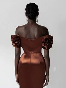 Elitara Elegant And Luxurious Off Shoulder 3D Floral Ruffles Mermaid Fitted Dress With Train, Wedding Guest Dress, Suitable For Wedding, Party, Vacation, Prom, Formal Occasion, Evening Dress,Gown