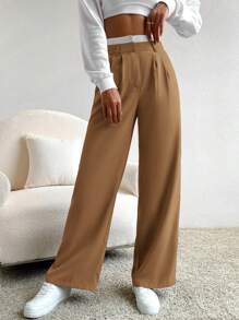 SHEIN EZwear Spring Dress PantsHigh Waist Plicated Detail Wide Leg Suit Pants