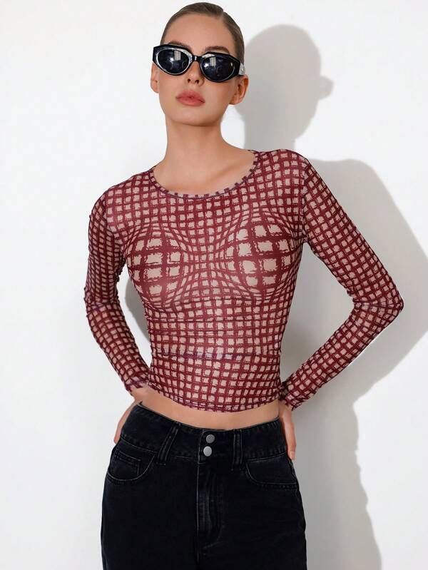 Aveloria Affinna 2025 Geometric Abstract Asymmetrical Colorblock Grid Print Orange Brown Checkered Mesh Fitted Round Neck Y2K Streetwear Punk Women Long Sleeve T-Shirt