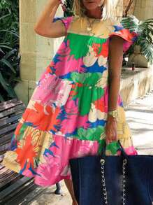 Breezaya Casual Summer Hawaii Style Vacation Yellow Floral Layered A-Line Cap Sleeve Cute Doll Dress, Beach Cover Up - Multicolor - View 1