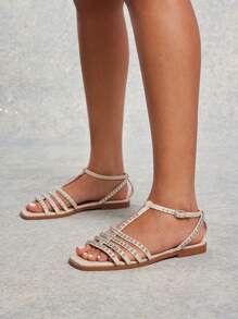 SHUZIA Sandali espadrillas da donna con cinturino, punta aperta e dettagli in finta perla, colore avorio