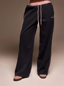 低腰抽绳撞色滚边“Musera”印花直筒慢跑裤，夏季可爱街头风度假时尚优雅款