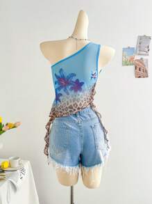 Soleia Damen Hippie-Stil modische hellblaue Farbverlauf Leoparden-Muster Mesh-Panel Volant-Saum figurbetontes Trägertop, Sommer