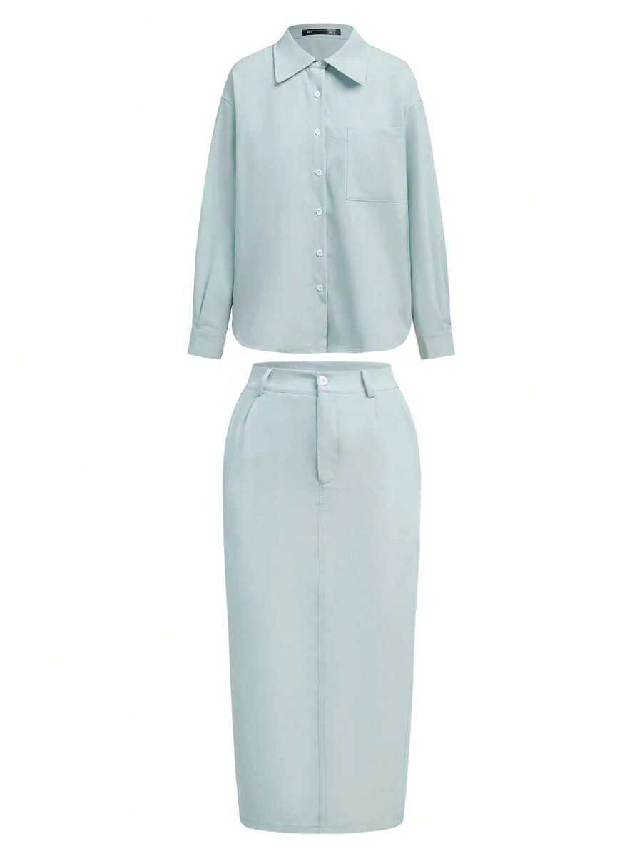 DAZY 2pcs/Set Solid Color Shirt And Skirt Suit, Casual & Commute - Blue - View 1