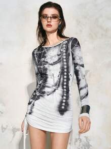 Chiquease Women's 3D Faux Pearl Print Fashion Commuter Sexy Nightclub Bodycon Long Sleeve Mini Dress, Spring/Summer - White - View 3