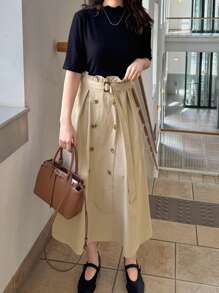 FRIFUL Women's Color Block Half-Turtleneck Waist Cinched Mid-Length Dress Sundress - Khaki - View 3