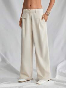 SHEIN Unity 1 quần dài vải lanh ống rộng cạp trễ màu mơ có túi phong cách Bohemian cho nữ, lễ hội âm nhạc - Màu be - Xem 6