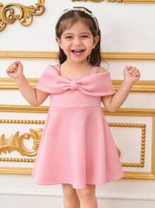 SHEIN Baby Girl Pink Off Shoulder Bowknot Decor Princess Dress, Suitable For Wedding, Party, Holiday, Birthday Gift, Spring/Summer - Pink - View 1