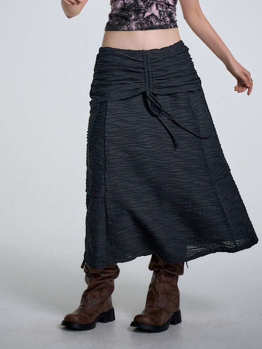 SHEIN EZwear Váy dài màu đen xếp ly họa tiết cổ điển mùa xuân và mùa hè dành cho nữ, gợi cảm khi đi câu lạc bộ và đi dự tiệc - màu đen - Xem 1