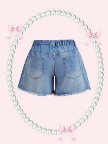 SHEIN MOD Plus Size Blue Denim Shorts Pink Ripped Denim Shorts Sweet Summer Shorts Elastic Waistband - Light Wash - View 2