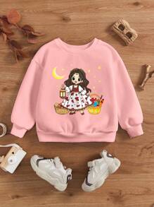 SHEIN Leap Crew Baby Girls Knitted Soft Round Neck Casual Loose Thickened Sweatshirt, Suitable For Autumn/Winter - Pink - View 3