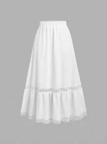 Lunelith SHEIN Lunessa White Elegant Natural Glossy Satin Contrast Lace Elastic Waist Maxi Skirt, Slimming