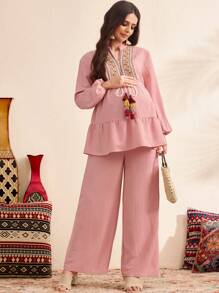 SHEIN 2pcs/Set Maternity Fringe Waist Patchwork Lantern Sleeve Shirt And Pants Set - Pink - View 2