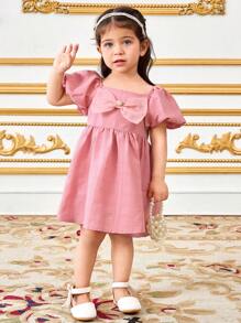 SHEIN Vestido casual y elegante para bebé niña con mangas farol, estampado floral de jacquard de organza y decoración de gran lazo - Rosa vieja - Ver 7