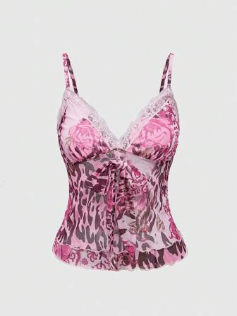 J-Fashion Y2K Vintage Blumen- und Leoparden-Muster Spitzenbesatz Schleife Enges Trägertop für Damen
