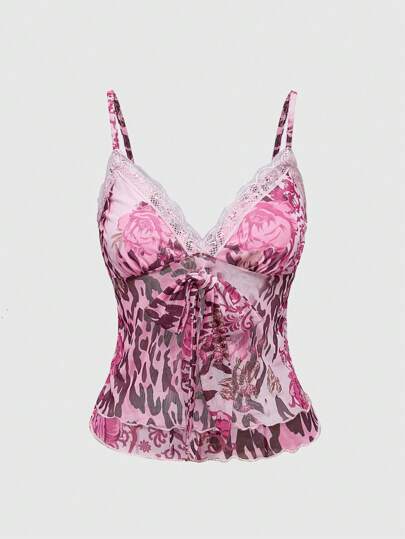 J-Fashion Y2K Vintage Floral & Leopard Print Lace Trim Bow Tight Tank Top For Women