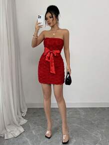 Elenzga Sexy French Red 3D Floral Bow Bandeau Bodycon Dress, Figure-Hugging For Banquet Party - Red - View 5
